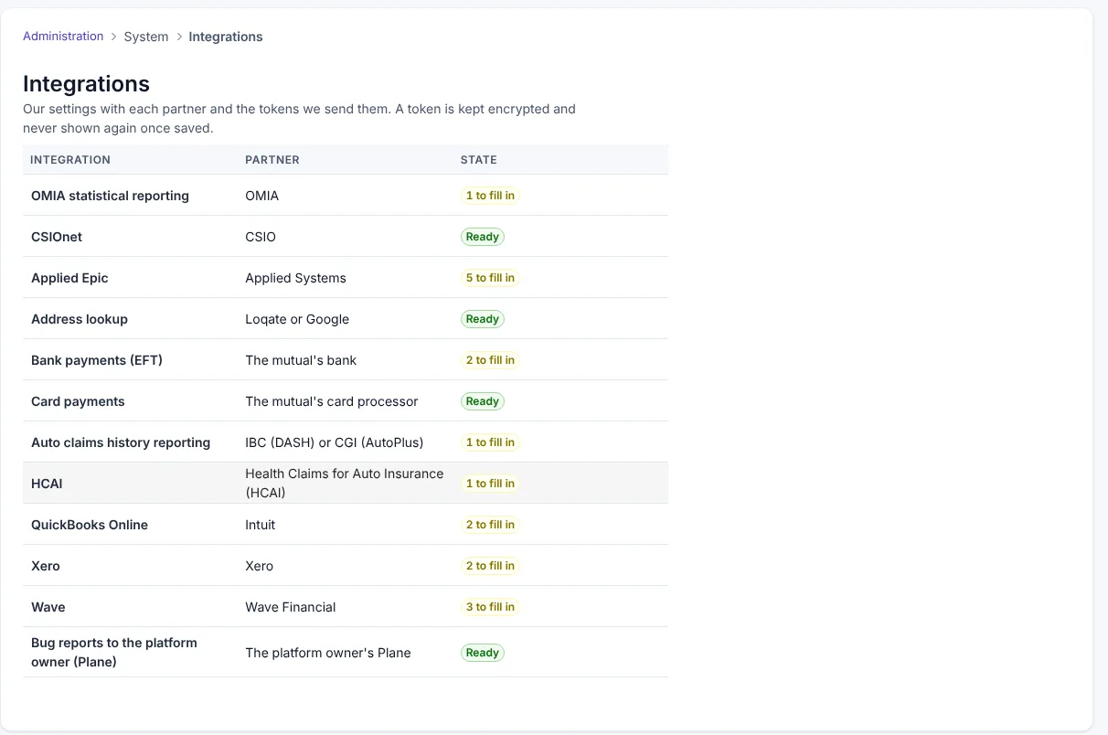 The Integrations screen listing OMIA, CSIOnet, Applied Epic, address lookup, card payments and accounting